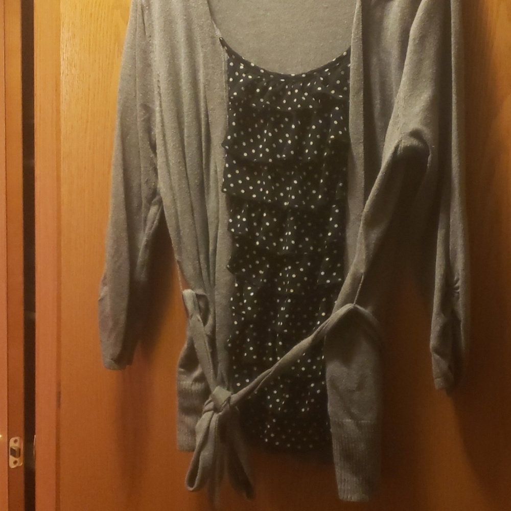 Cardigan with attached polka dot blouse